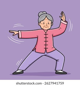 An old woman is practicing Tai Chi.