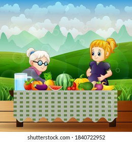 Old woman and a pregnant woman with different fruits on the table