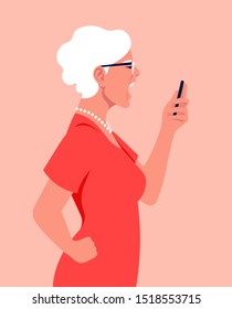 An old woman in profile holds a smartphone in her hands and screams. Angry grandmother. Hysterics, aggression and stress. Vector flat illustration