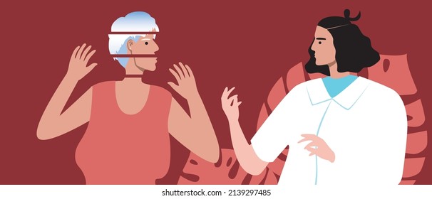Old woman with PTSD. Flat vector stock illustration. Psychotherapist and victim. Psychological problems, schizophrenia, dementia. Old patient. Psychotherapy for treatment
