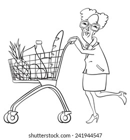 old woman pushing a cart of groceries