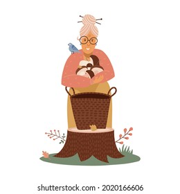 An old woman puts harvested mushrooms in the basket in forest. Mushrooms picking and hunting concept, finding fungus in the forest, active seniors lifestyle.Vector flat illustration.