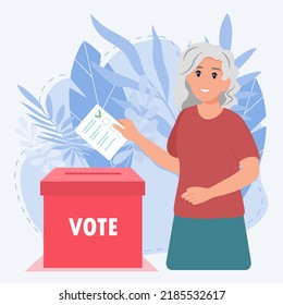  Old woman putting vote into the ballot box. Election concept.