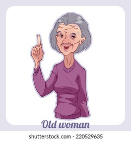 The old woman raised her finger instructively. Vector clip-art illustration on a white background.
