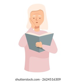 Old woman is reading an interesting book and holding her hand to her face in surprise