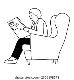 Old woman reading newspaper handdrawn illustration