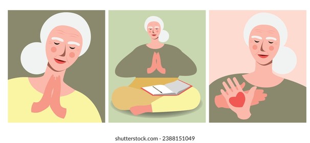 Old Woman in Reflection and Gratitude, flat vector stock illustration as MyRealHoliday