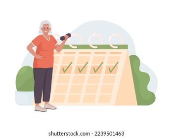 Old woman regular exercise flat concept vector illustration. Consistency exercise at old age. Editable 2D cartoon character on white for web design. Creative idea for website, mobile, presentation