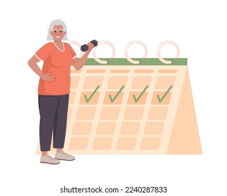 Old woman regular exercise flat concept vector illustration. Editable 2D cartoon characters on white for web design. Consistency exercise at old age creative idea for website, mobile, presentation