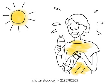 Old Woman Removing Face Mask And Drinking Water Illustration, Vector