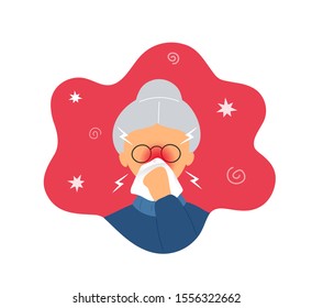 Old woman with rhinitis blowing her nose into white handkerchief. Flat modern trendy style.Vector illustration character icon. Isolated on white background. Blocked nose, ARVI concept.