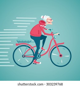 The old woman is  riding a bicycle. Cartoon vector illustration. Character design.