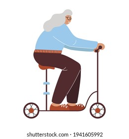 Old woman riding an electric seated kick scooter. Active seniors and technology vector concept. Happy elderly lady using alternative eco-friendly city transport. Isolated flat character illustration.