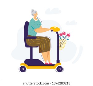 Old Woman Riding Scooter. Senior Female Character Rides On Electric Wheelchair. Grandmother Elderly Woman Driving Scooter. Vector Flat Illustration