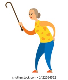 Old woman rising stick, portrait and full length view of elderly female in casual clothes holding wand, opening mouth of grandma, aged person vector