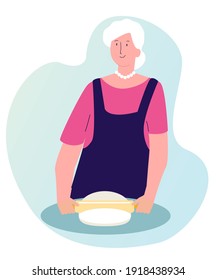 old woman rolled dough baking cake with cartoon flat style vector design illustration