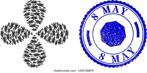 Old woman rotation flower with four petals, and blue round 8 MAY textured rubber print with icon inside. Element flower done from oriented old woman symbols. Vector flower collage in flat style.
