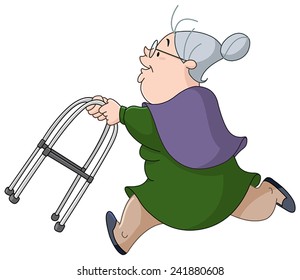 Old Woman Running With Her Walker