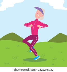 old woman running in the park, active senior vector illustration design