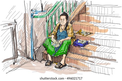old woman sale lottery at market in Thai, Chiangmai, Waroros Market, sketch drawing free hand illustration