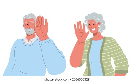 Old woman says something to her husband, man listens attentively and smiles.Couple of  happy seniors talking.Vector flat illustration isolated on white background.