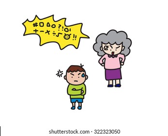 an old woman scolding a boy