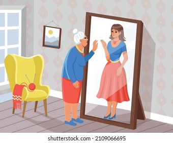 Old woman seeing his young self in the mirror.Old woman remembering himself in the young age. Youth and old age. Vector illustration in cartoon style