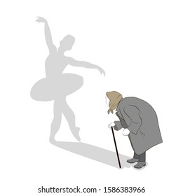 old woman sees herself as a young ballerina. dreams. vector illustration.