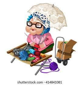 The old woman sells knitted socks. Vector illustration.