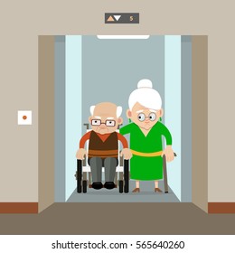 An Old Woman And A Senior Man In A Wheelchair Using Elevator. Vector Illustration. Flat Style. Concept For Barrier Free Environment For Physically Challenged People. 