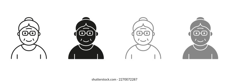 Old Woman, Senior Person Silhouette and Line Icon Color Set. Happy Elder Lady Pictogram. Old Grandmother Symbol Collection on White Background. Retirement Concept. Isolated Vector Illustration.