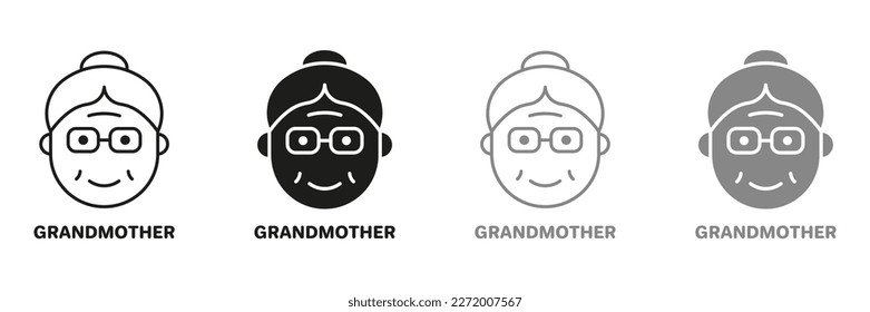 Old Woman, Senior Person Silhouette and Line Icon Color Set. Happy Elder Lady Pictogram. Old Grandmother Symbol Collection on White Background. Retirement Concept. Isolated Vector Illustration.