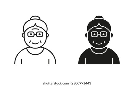 Old Woman, Senior Person Silhouette and Line Icon Black Set. Happy Elder Lady Pictogram. Old Grandmother Symbol Collection on White Background. Retirement Concept. Isolated Vector Illustration.