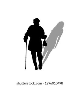 Old woman with shadow of young woman. Vector silhouette on white background. Illustration of aging symbol.