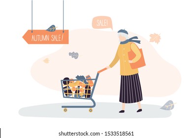 Old woman with shopping trolley. Grandma goes shopping. Autumn sale and discount in store. Female character. Elderly consumer person. Vector illustration