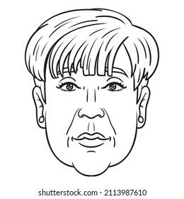 old woman with short hairstyle. Monochrome comic outline drawing head.