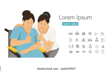 old woman sit in wheelchair with female doctor thumb up together. Cartoon character design with medical rehabilitation icon set