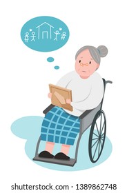 Old Woman Sit In Wheelchair Two Hand Holding Picture Frame With Thinking Bubble Show That She Missing Her Home And Family Member