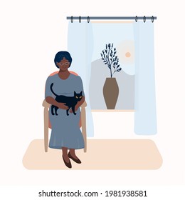 Una anciana sentada en una silla junto a la ventana, un gato negro, una abuela con un vestido azul, una vejez feliz, estilo de vida, un pensionista, estilo de dibujos animados. Clipart, concepto, fondo blanco, ilustración vectorial