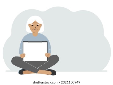 A old woman sits crossing his legs and holds a clipboard with a white read sheet for the text in his hands. Vector Flat Illustration