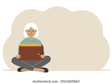 A old woman sits cross-legged and holds a large purse of coins. The concept of a savings wallet, a successful loan, golden earnings with metal money in the currency.