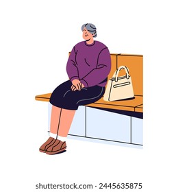 Old woman sits on bench in public place. Tired senior with bag relaxes on seat. Happy granny waits transport on bus stop or in clinic line, queue. Flat isolated vector illustration on white background