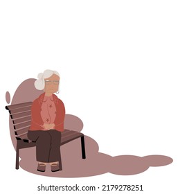 A old woman sitting alone on chair in park .Front view of one grandmother is sit on bench in the park waiting someone  white background.Vector isolate flat design concept For retirement, sadness.