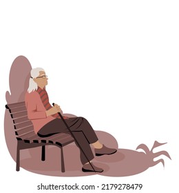 A old woman sitting alone on chair in park .Side view of one elder lady holding cane sitting on bench in the park on white background.Vector isolate flat insulation design concept For retirement.