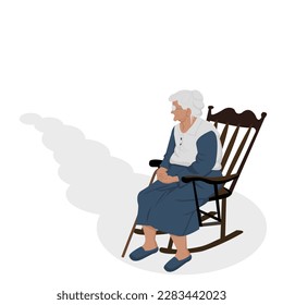 A old woman sitting alone on rocking chair.side view of lonely grandmother is sit on chair waiting someone  on white background.Vector illustration isolate flat design concept For retirement, sadness.