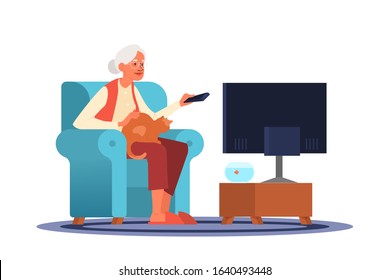 Old woman sitting in an armchair with a cat on her lap and watching TV. Old people lifestyle concept. Senior woman relaxing at home. Vector illustration in cartoon style