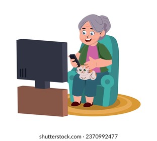 Old woman sitting in an armchair with a cat on her lap and watching TV. Old people lifestyle concept. Senior woman relaxing at home. Vector illustration in cartoon style