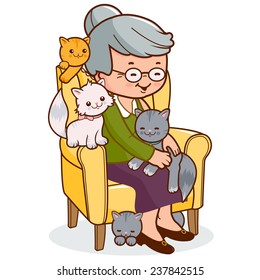 Old woman sitting in an armchair with her cats at home. Vector illustration