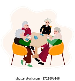 Old Woman sitting in armchair and play cards with friends. Senior female play board game in retirement home. Aged People have activity fun time together. Group of adult players sit on the table.