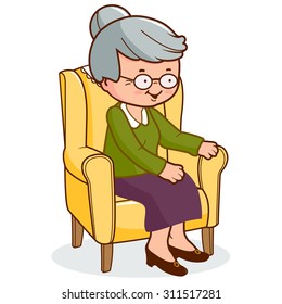 Old woman sitting in armchair and resting. Vector illustration